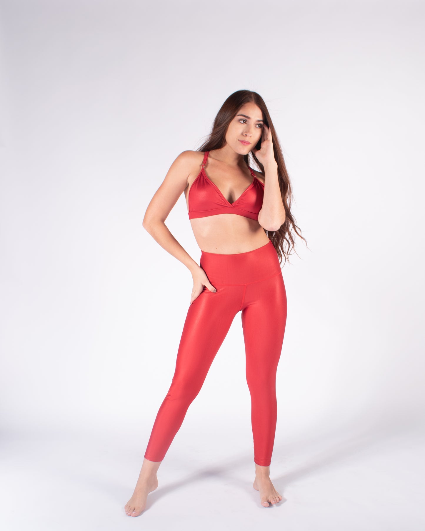 Legging brillante efecto cuero control abdomen color rojo lipstick