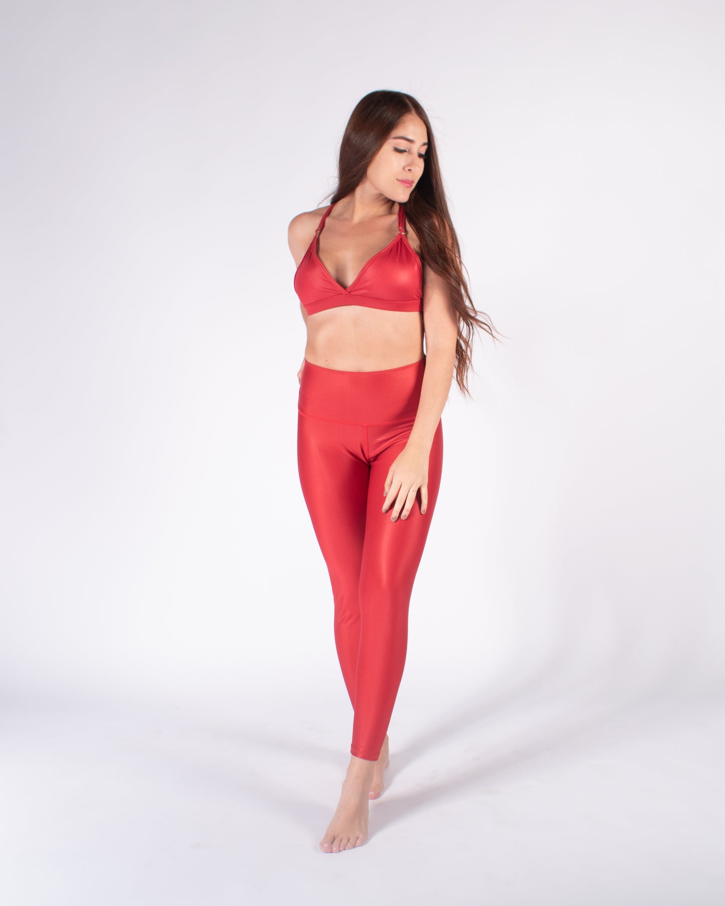 Legging brillante efecto cuero control abdomen color rojo lipstick