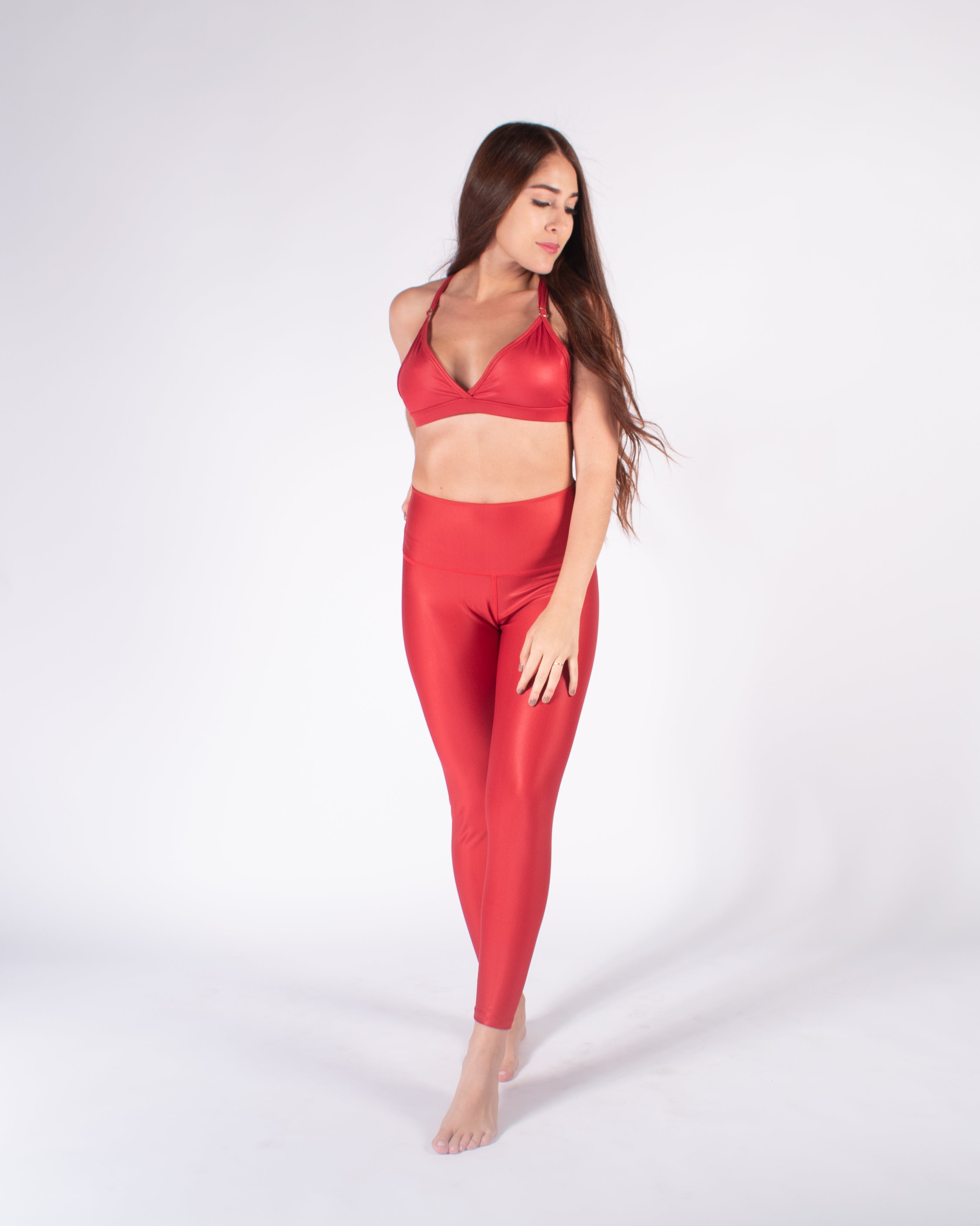 Legging brillante efecto cuero control abdomen color rojo lipstick